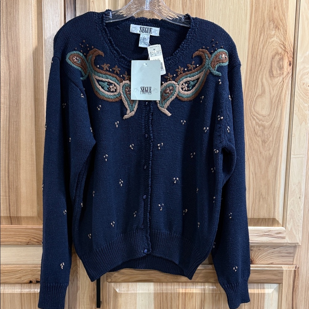 NWT Vintage Segue Navy Embroidered Cardigan Sweater Floral Boho Cottagecore Sz L